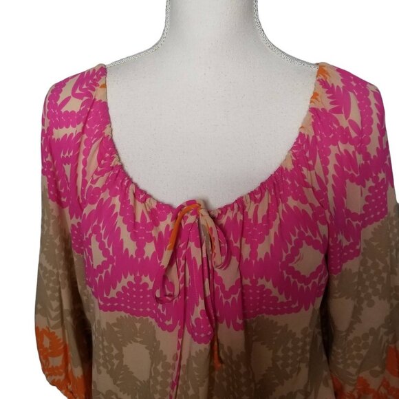 Trina Turk Pink Tan Orange Silk Blend Geo Print Drawstring Blouse Size Medium - Picture 4 of 10